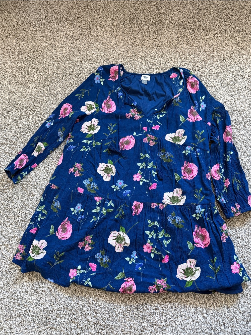 Old Navy Navy Blue Floral Tiered Dress with Pink Accents